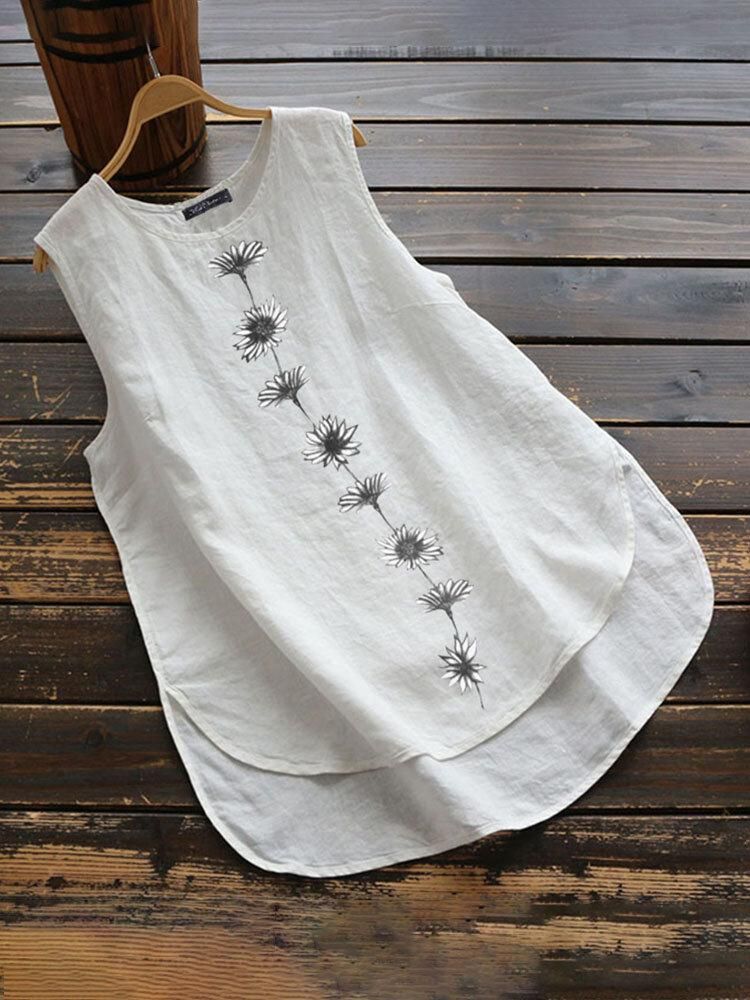 Round Neck Sleeveless Plant Loose Fit High-low Hem Blouse