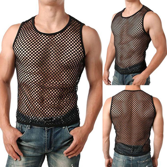 Men Sexy Vest See-through Fishnet Summer Round Neck-Black
