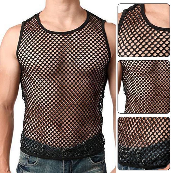 Men Sexy Vest See-through Fishnet Summer Round Neck-Black