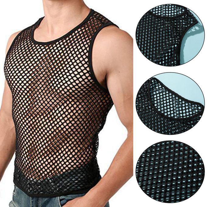Men Sexy Vest See-through Fishnet Summer Round Neck-Black