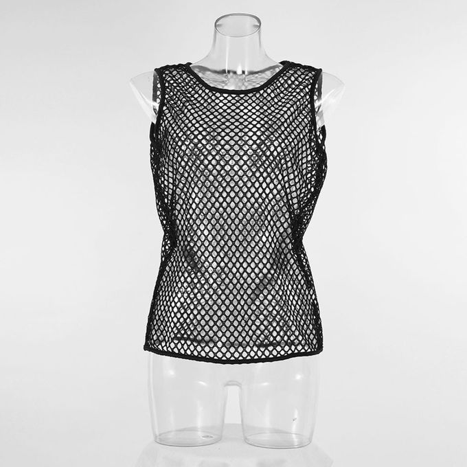 Men Sexy Vest See-through Fishnet Summer Round Neck-Black