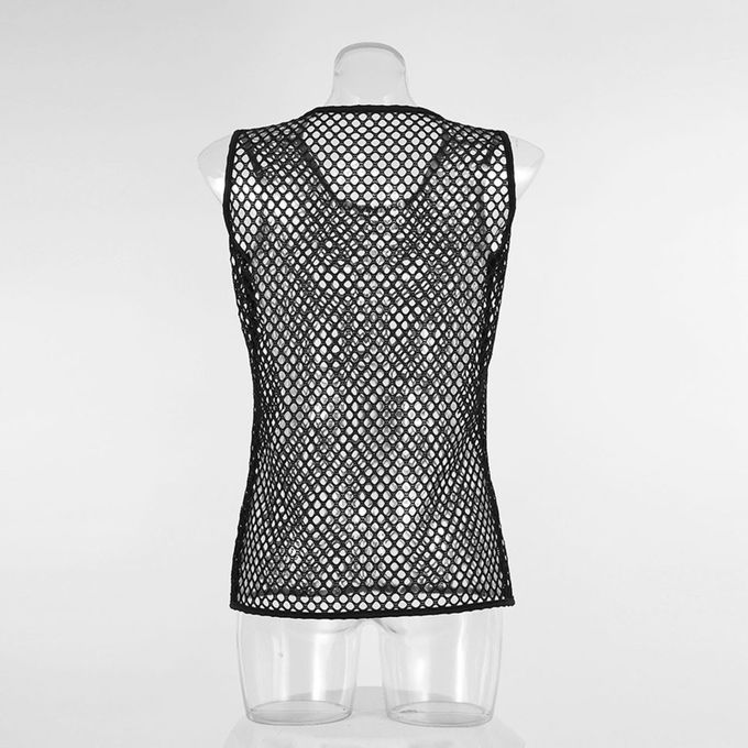 Men Sexy Vest See-through Fishnet Summer Round Neck-Black