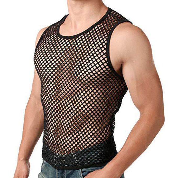 Men Sexy Vest See-through Fishnet Summer Round Neck-Black