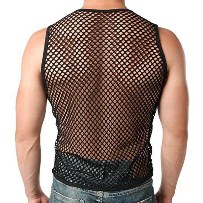 Men Sexy Vest See-through Fishnet Summer Round Neck-Black