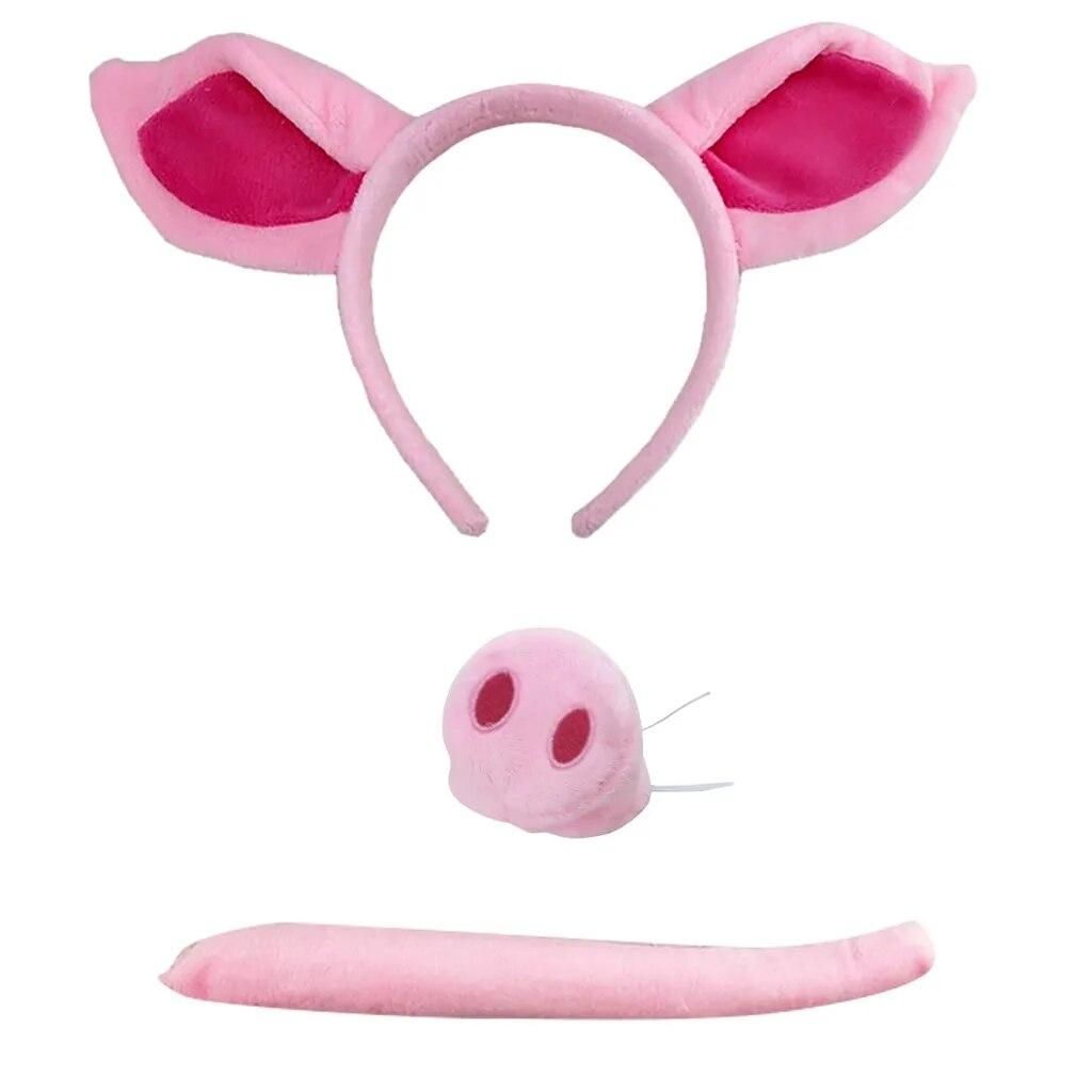 Pig Headband Ears And Tail Set Cosplay Costume Pink Pig Ear Headband Nose Tail Halloween Animal Headdress Dress Up Accessories
