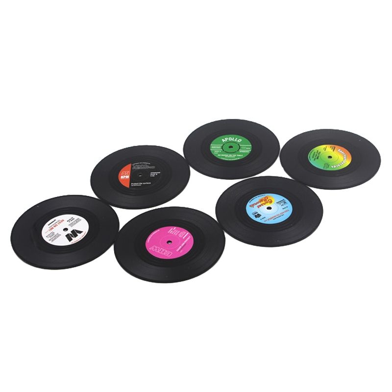6 PCS/Set Retro Black Vinyl CD Record Drink Coasters Home Table Cup Mat Decor Coffee Drink Placemat Tableware Spinning, Diameter: 10.7cm