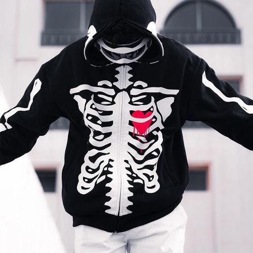 Halloween Skull Human Skeleton Print Long Sleeve Hooded Men's Sweatshirt-black