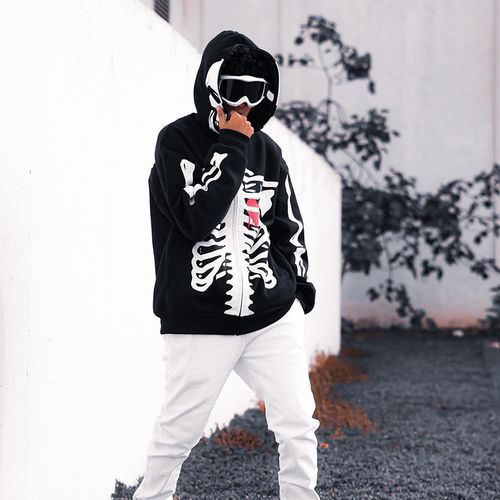 Halloween Skull Human Skeleton Print Long Sleeve Hooded Men's Sweatshirt-black