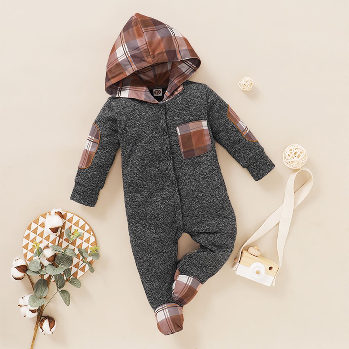 Baby Boys Long Sleeve Wrap Foot Hoodie Jumpsuit -Grey Plaid