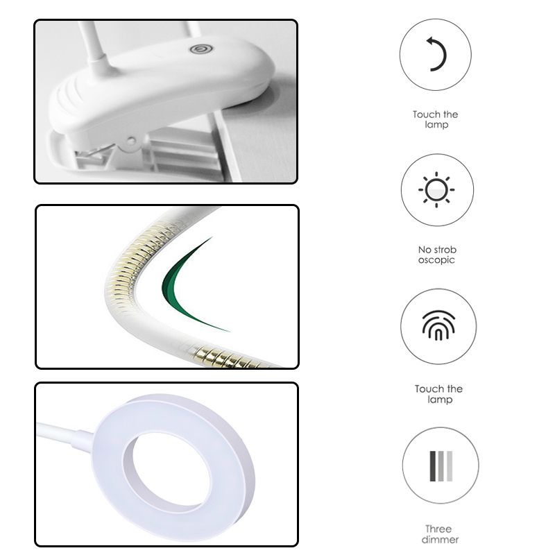 8W Desk Lamp USB Rechargeable Table Lamp With Clip Bed