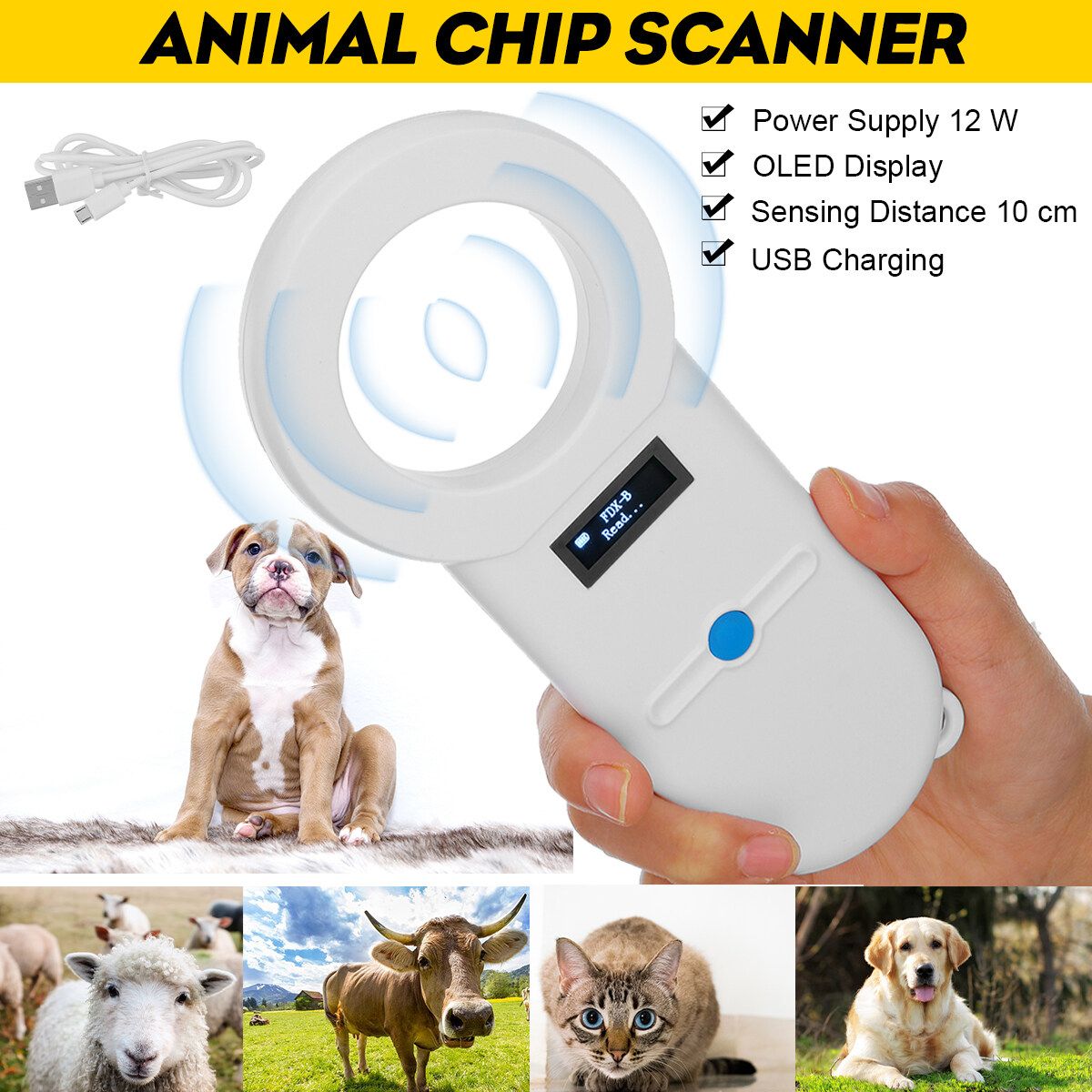 134.2 KHz Portable Animal ID Reader OLED Display Pet USB Microchip Scanner