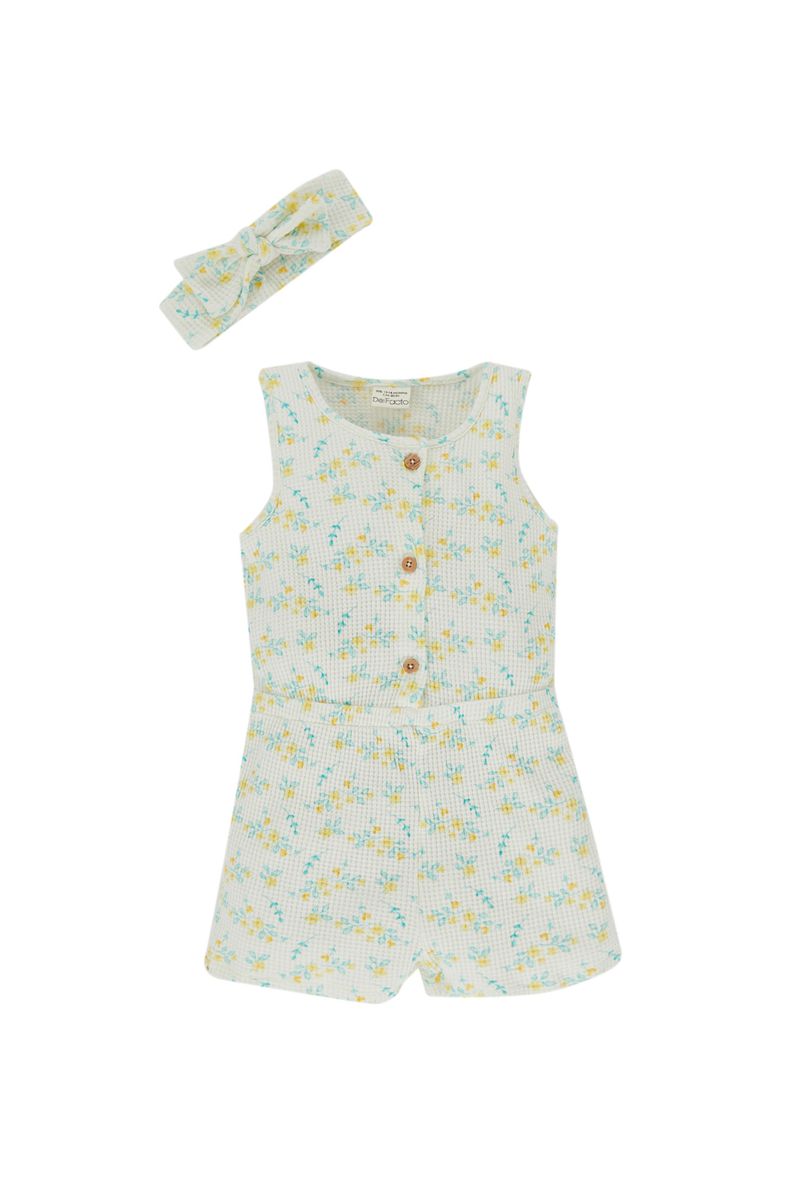 2 Piece BabyGirl Casual Regular Fit Bike Neck Sleeveless Overalls - Ecru