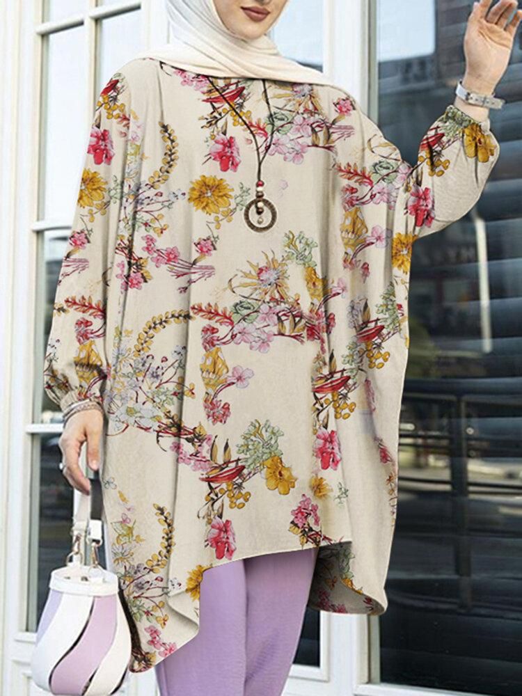 Puff Sleeve Floral Printed Irregular Hem O-Neck Loose Blouse