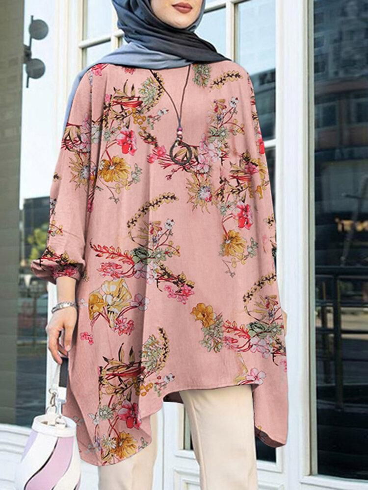 Puff Sleeve Floral Printed Irregular Hem O-Neck Loose Blouse