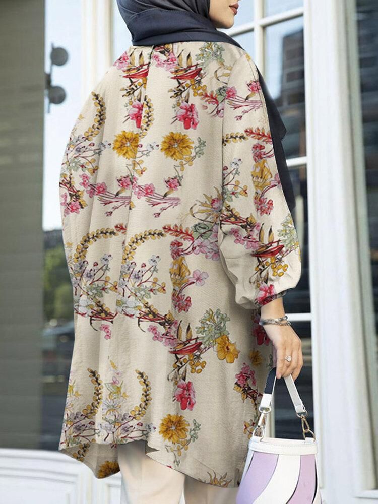 Puff Sleeve Floral Printed Irregular Hem O-Neck Loose Blouse