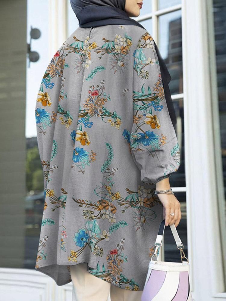 Puff Sleeve Floral Printed Irregular Hem O-Neck Loose Blouse