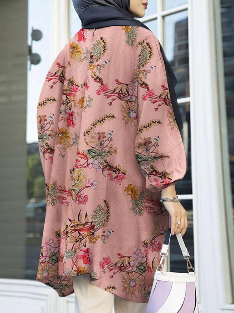 Puff Sleeve Floral Printed Irregular Hem O-Neck Loose Blouse