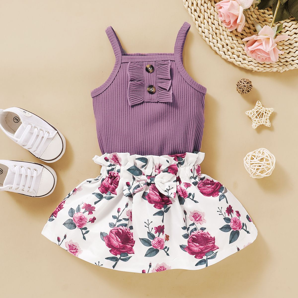 Baby Girls Summer Outfit Set Ribbed Vest With Shorts -Purple