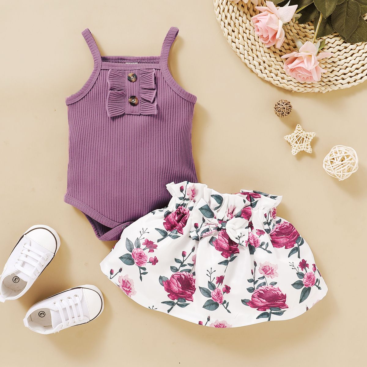 Baby Girls Summer Outfit Set Ribbed Vest With Shorts -Purple
