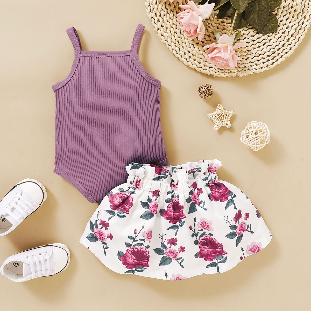 Baby Girls Summer Outfit Set Ribbed Vest With Shorts -Purple