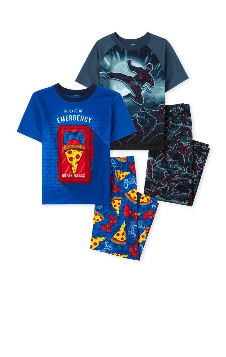Boys Pizza Game Ninja  Snug Fit Cotton Pyjamas Sleepwear- Blue- 2 In 1 Pack