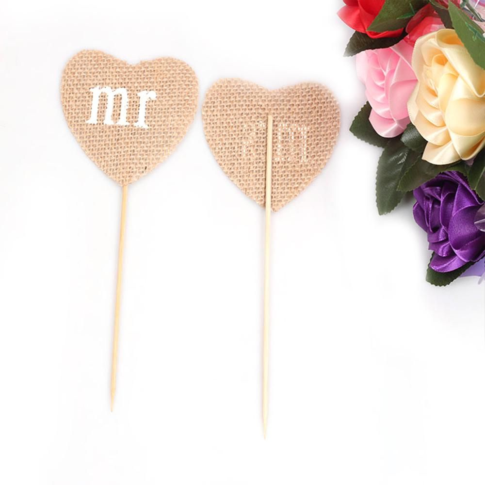 2Pcs Natural Wedding Burlap Heart Flag DIY Craftwork Wall Decor for Birthday/Graduation/Wedding/Baby Party