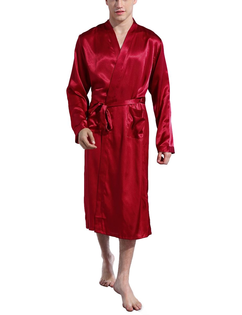 Mens Plain Hip-Length Kimono Robe Short Bathrobe Sleepwear (Red)