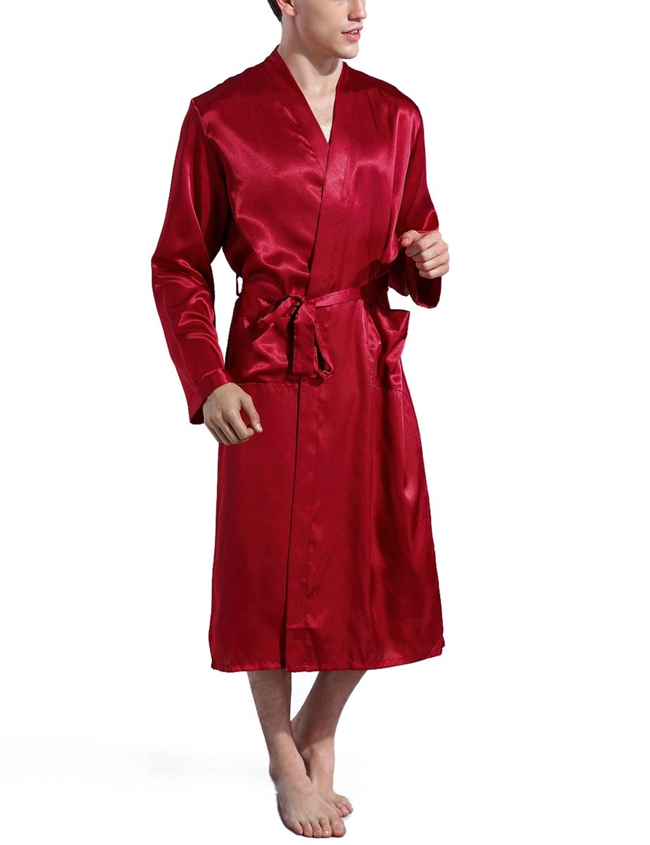 Mens Plain Hip-Length Kimono Robe Short Bathrobe Sleepwear (Red)