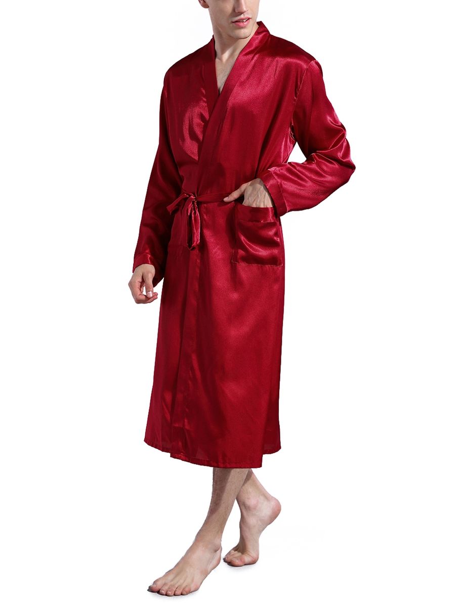 Mens Plain Hip-Length Kimono Robe Short Bathrobe Sleepwear (Red)