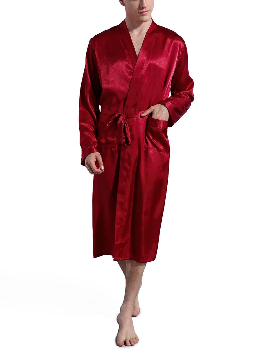 Mens Plain Hip-Length Kimono Robe Short Bathrobe Sleepwear (Red)