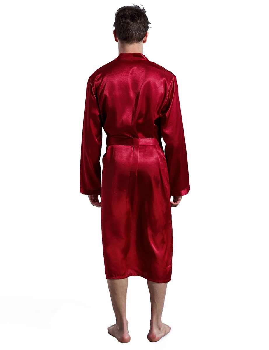 Mens Plain Hip-Length Kimono Robe Short Bathrobe Sleepwear (Red)