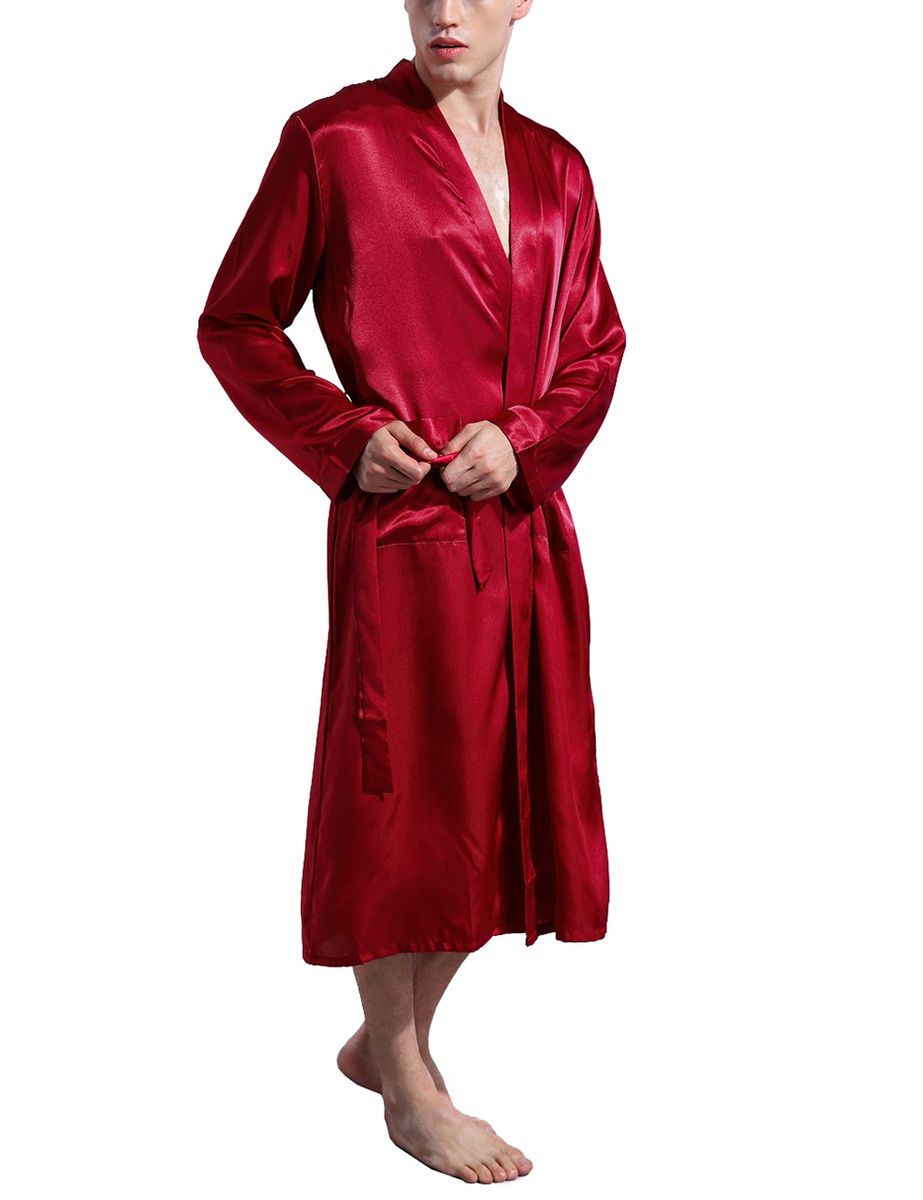 Mens Plain Hip-Length Kimono Robe Short Bathrobe Sleepwear (Red)