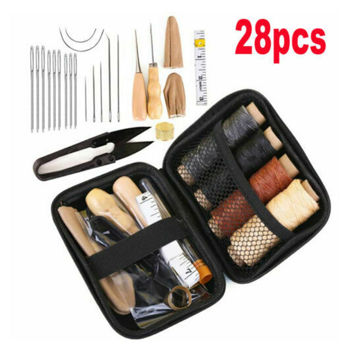 28Pcs Leather Sewing Tools Kit Awls Thimble Finger Cots