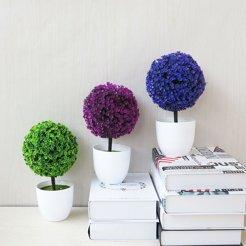 Desktop Simulation Plant Mini Grass Ball Bonsai Decorated Plastic Flower Cherry Blossom Snowball Artificial Flowers(Green)