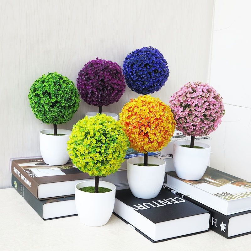 Desktop Simulation Plant Mini Grass Ball Bonsai Decorated Plastic Flower Cherry Blossom Snowball Artificial Flowers(Green)