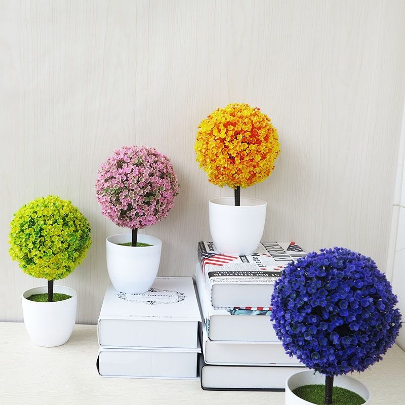 Desktop Simulation Plant Mini Grass Ball Bonsai Decorated Plastic Flower Cherry Blossom Snowball Artificial Flowers(Green)