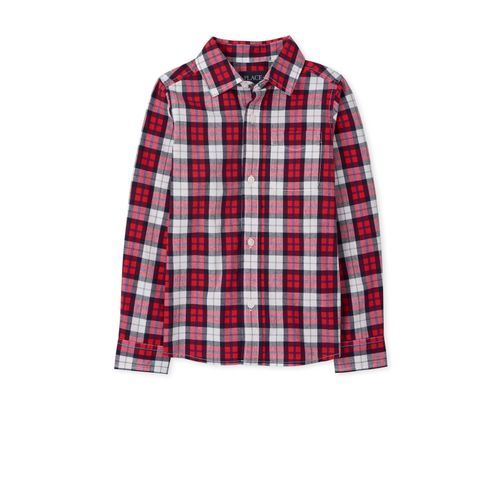 Boys Box Plaid Button Down Shirt- Classic Red