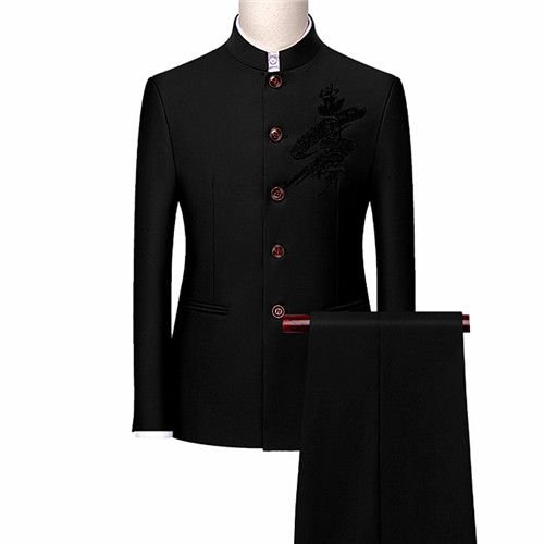Mens Retro Wedding Party 2-Piece Set Embroidery Men Tang Suit 203 Black