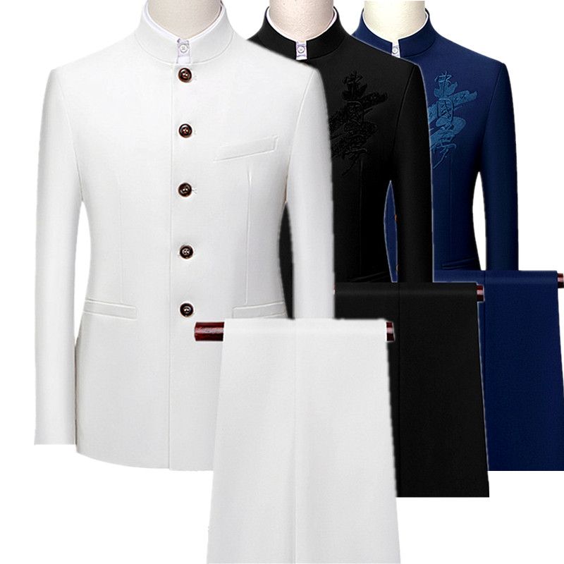 Mens Retro Wedding Party 2-Piece Set Embroidery Men Tang Suit 203 Black