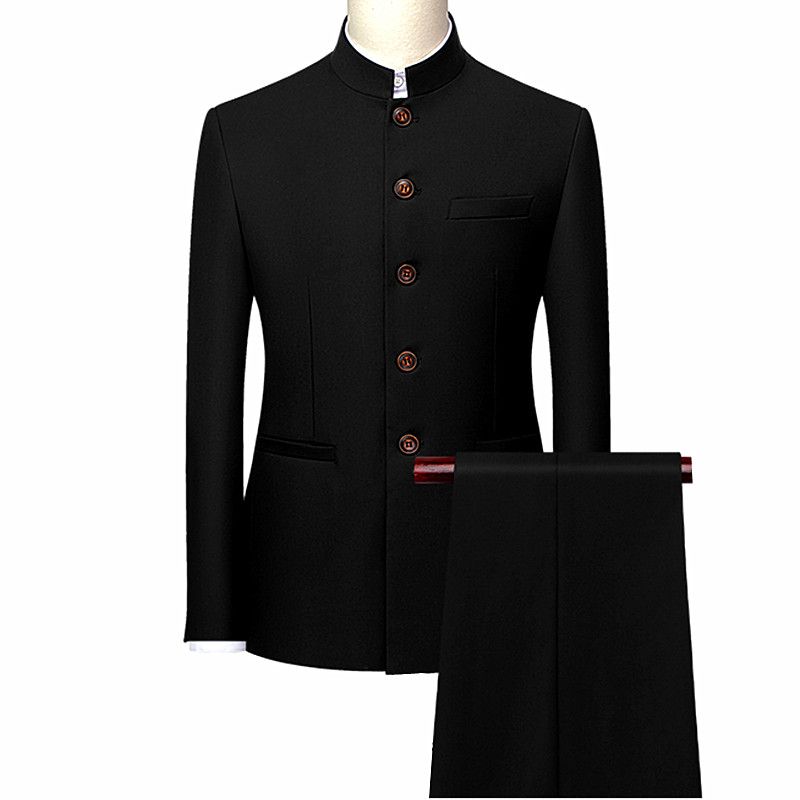 Mens Retro Wedding Party 2-Piece Set Embroidery Men Tang Suit 203 Black