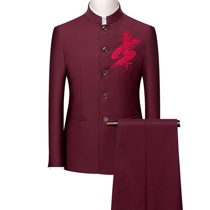 Mens Retro Wedding Party 2-Piece Set Embroidery Men Tang Suit 203 Black
