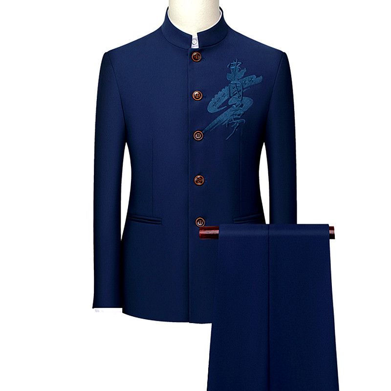 Mens Retro Wedding Party 2-Piece Set Embroidery Men Tang Suit 203 Black