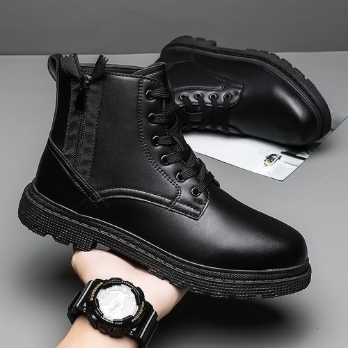 Winter Men Boots Waterproof Leather Shoes EUR Size 39-46 High Top Fashion Chukka Boots High Quality Motorcycle Ankle Boots Outdoor Work Casual Shoes Lace Up Zipper Trend Western Boots Black