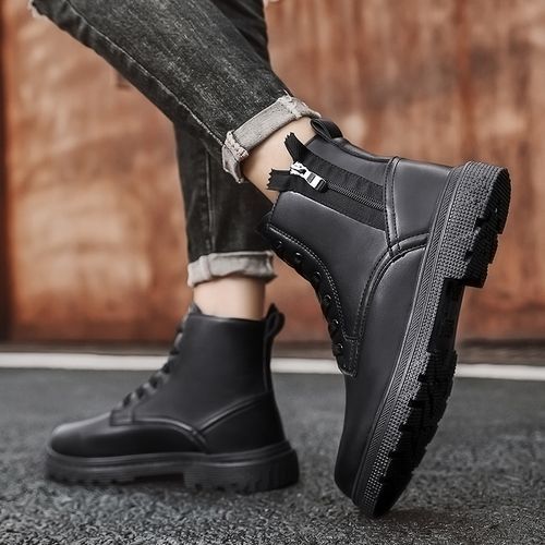 Winter Men Boots Waterproof Leather Shoes EUR Size 39-46 High Top Fashion Chukka Boots High Quality Motorcycle Ankle Boots Outdoor Work Casual Shoes Lace Up Zipper Trend Western Boots Black