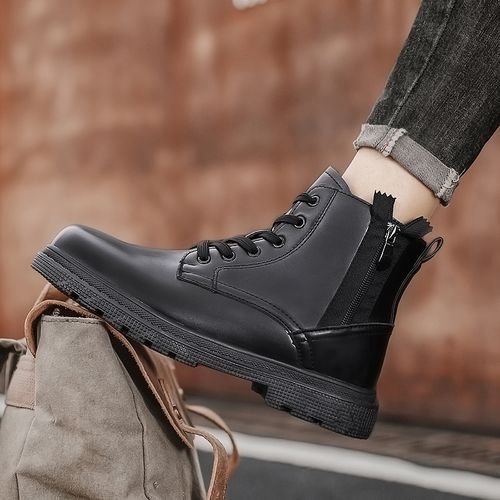 Winter Men Boots Waterproof Leather Shoes EUR Size 39-46 High Top Fashion Chukka Boots High Quality Motorcycle Ankle Boots Outdoor Work Casual Shoes Lace Up Zipper Trend Western Boots Black