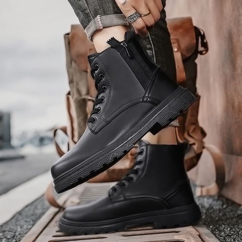 Winter Men Boots Waterproof Leather Shoes EUR Size 39-46 High Top Fashion Chukka Boots High Quality Motorcycle Ankle Boots Outdoor Work Casual Shoes Lace Up Zipper Trend Western Boots Black