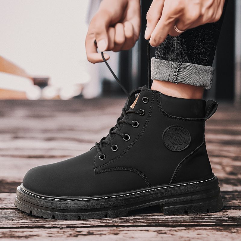 Motorcycle Boots Men High-top Shoes Fashion Trend All-match Leather Martin Boots For Man Outdoor Casual Work Shoes Lace-Up Male Winter Ankle Boots Black
