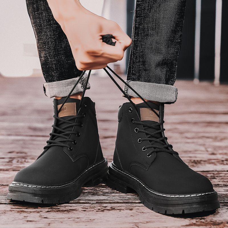 Motorcycle Boots Men High-top Shoes Fashion Trend All-match Leather Martin Boots For Man Outdoor Casual Work Shoes Lace-Up Male Winter Ankle Boots Black