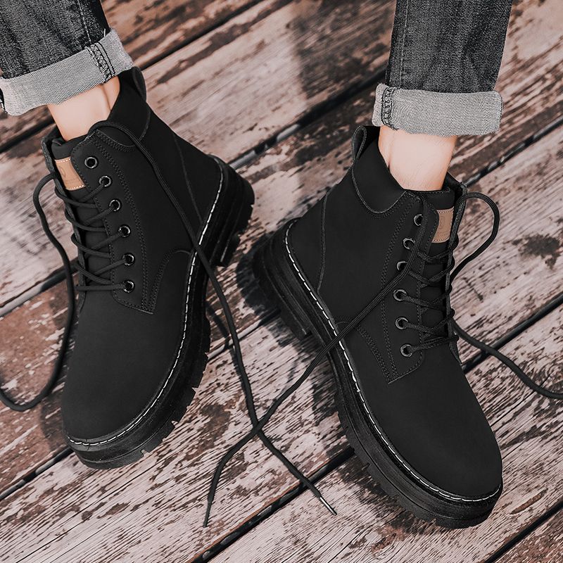 Motorcycle Boots Men High-top Shoes Fashion Trend All-match Leather Martin Boots For Man Outdoor Casual Work Shoes Lace-Up Male Winter Ankle Boots Black