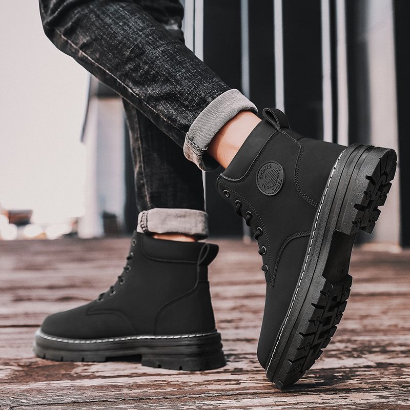 Motorcycle Boots Men High-top Shoes Fashion Trend All-match Leather Martin Boots For Man Outdoor Casual Work Shoes Lace-Up Male Winter Ankle Boots Black